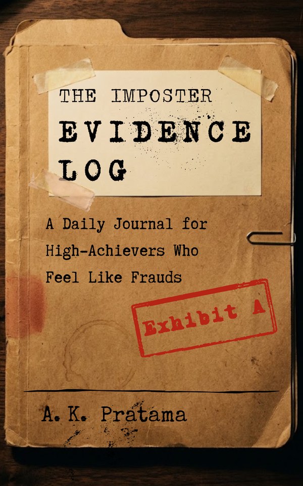 Cover of The Imposter Evidence Log by A. K. Pratama: a kraft case-file folder with an Exhibit A stamp